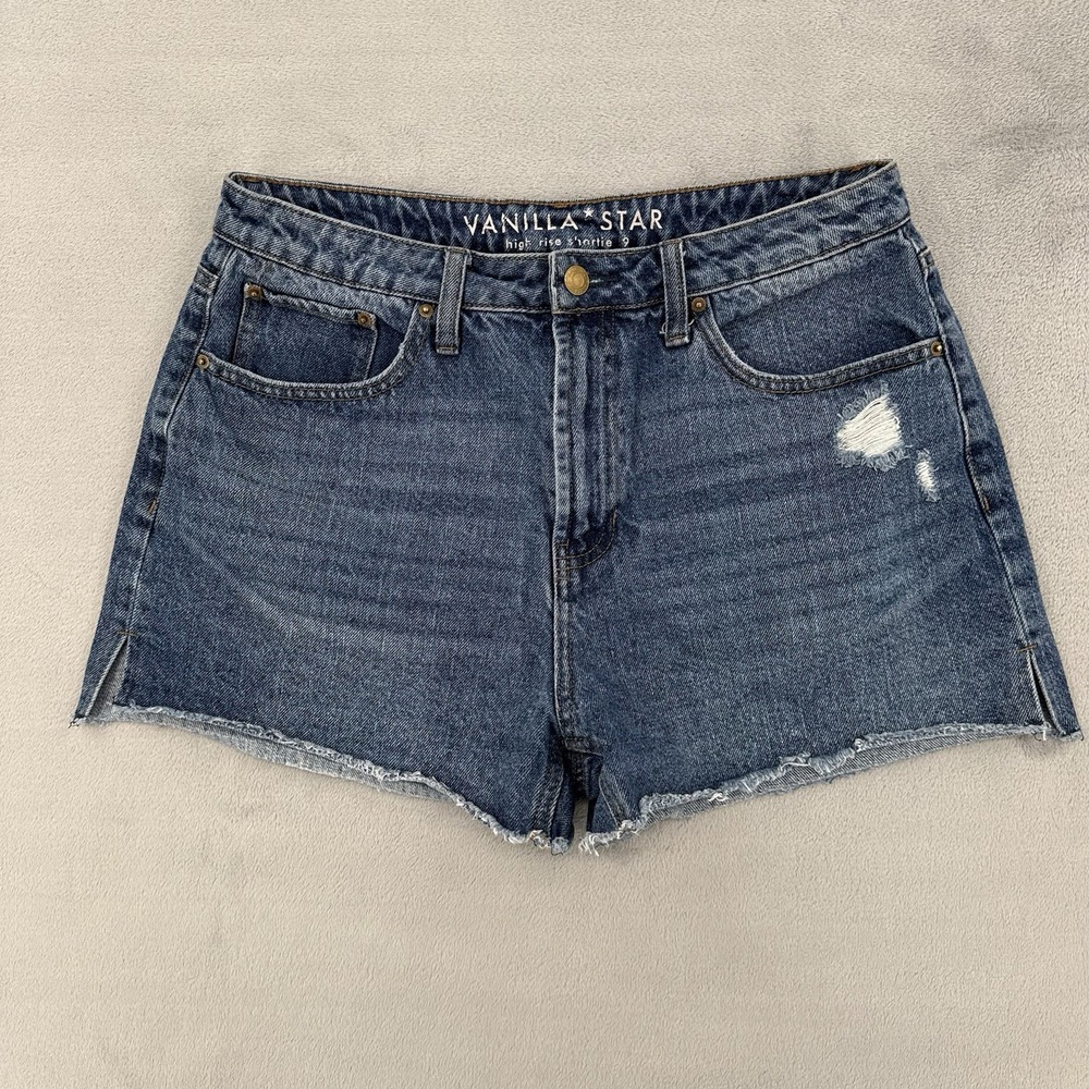 Vanilla Star Shorts Womens Size 9 High Rise Shortie Blue Denim Distressed Summer